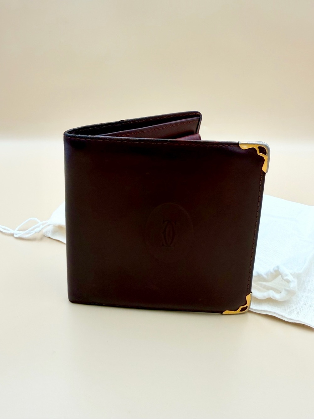 Cartier Dark Brown Leather Bifold Wallet with Gold Corner Hardware